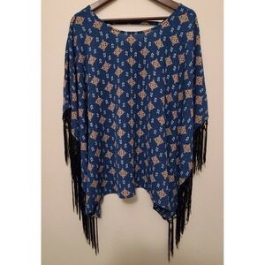 Wrangler Womens Aztec Print Kimono Poncho Shawl Top With Fringe Size Medium Blue